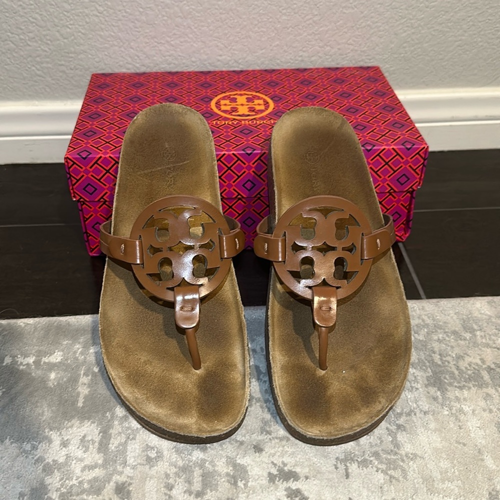 Tory Burch Miller Cloud Cuoio Natural Leather/Cork Sandals Tan brown 9M EUC